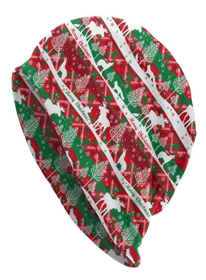 FalePrint Beanie Hat Printed Merry Christmas Tartan Deer Red Grenn Knitted Cap for Men Women,Thin Knit Slouchy Cancer Chemo Unisex Ski Cap Running Headwear Warm Hip Hop Soft Skull Cap - Image 1